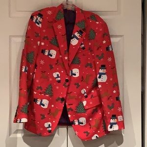 OppoSuits Red Christmas Suit with Snowman and Tree Design